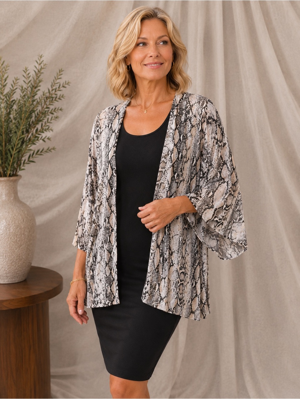 Neutral Snake-Print Open Front Kimono - Beige/Black